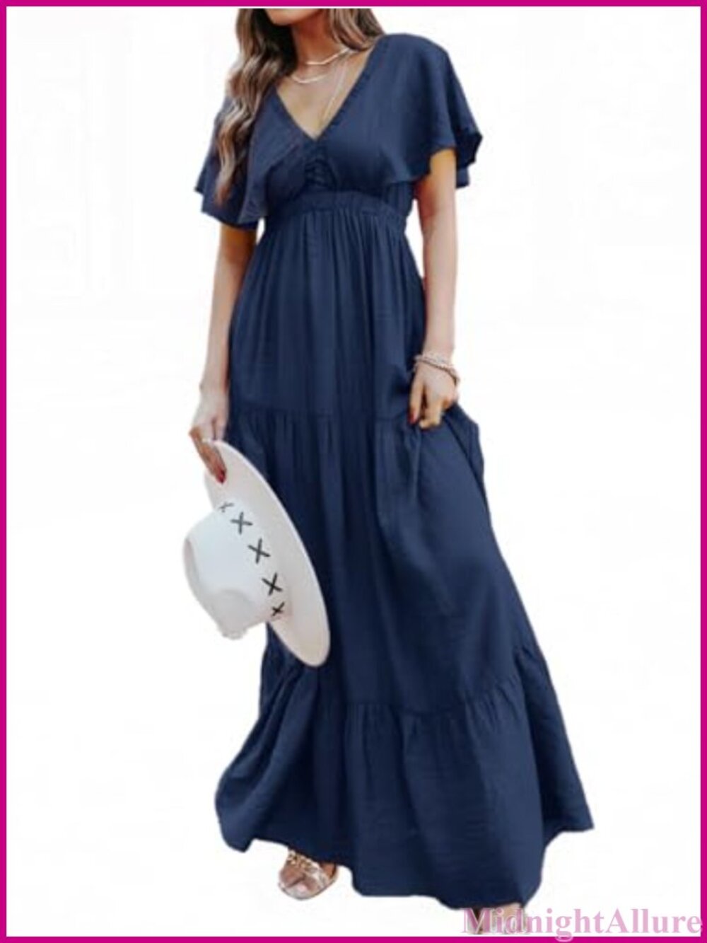 Women's V Neck Floral Maxi Dress Short Sleeve Boho Beach Ruffle